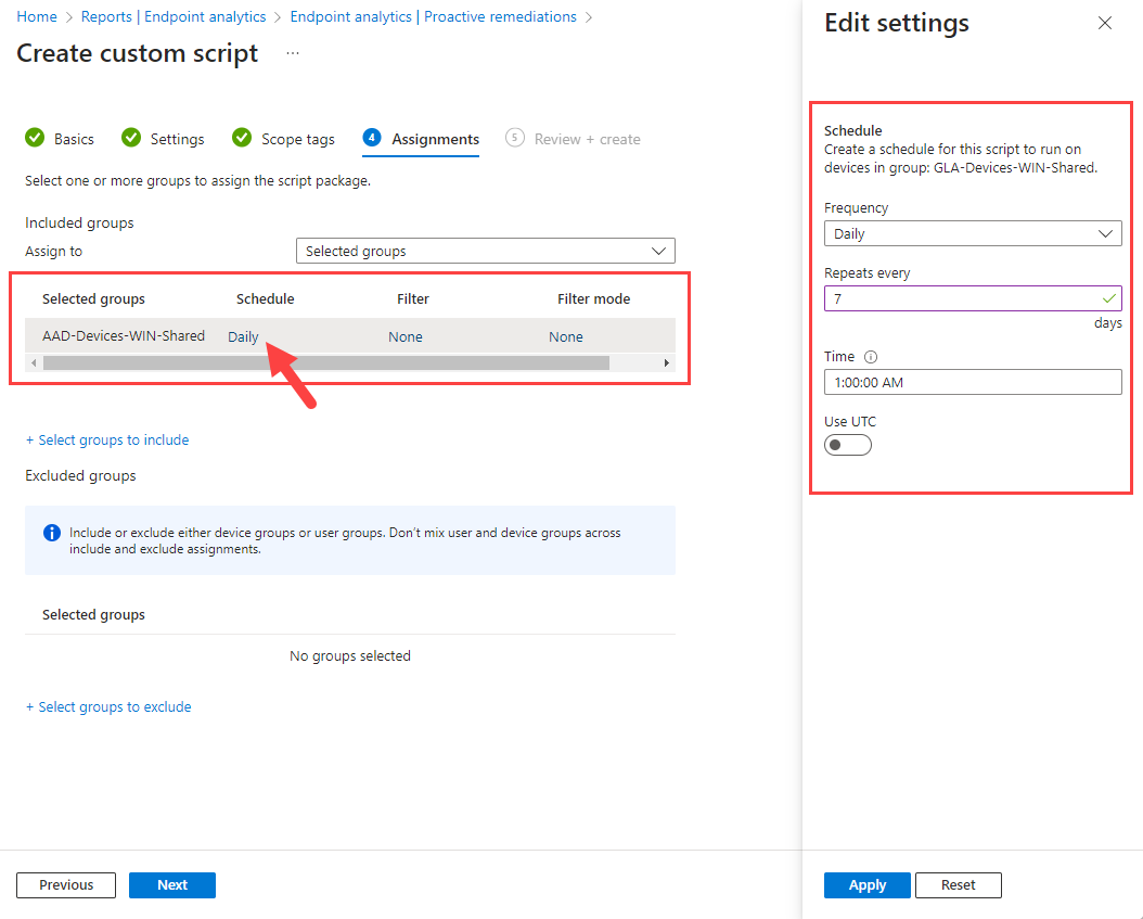 Proactive Remediation columns and result view